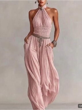 Halter Smocked Wide-Leg Jumpsuit in Blush Pink